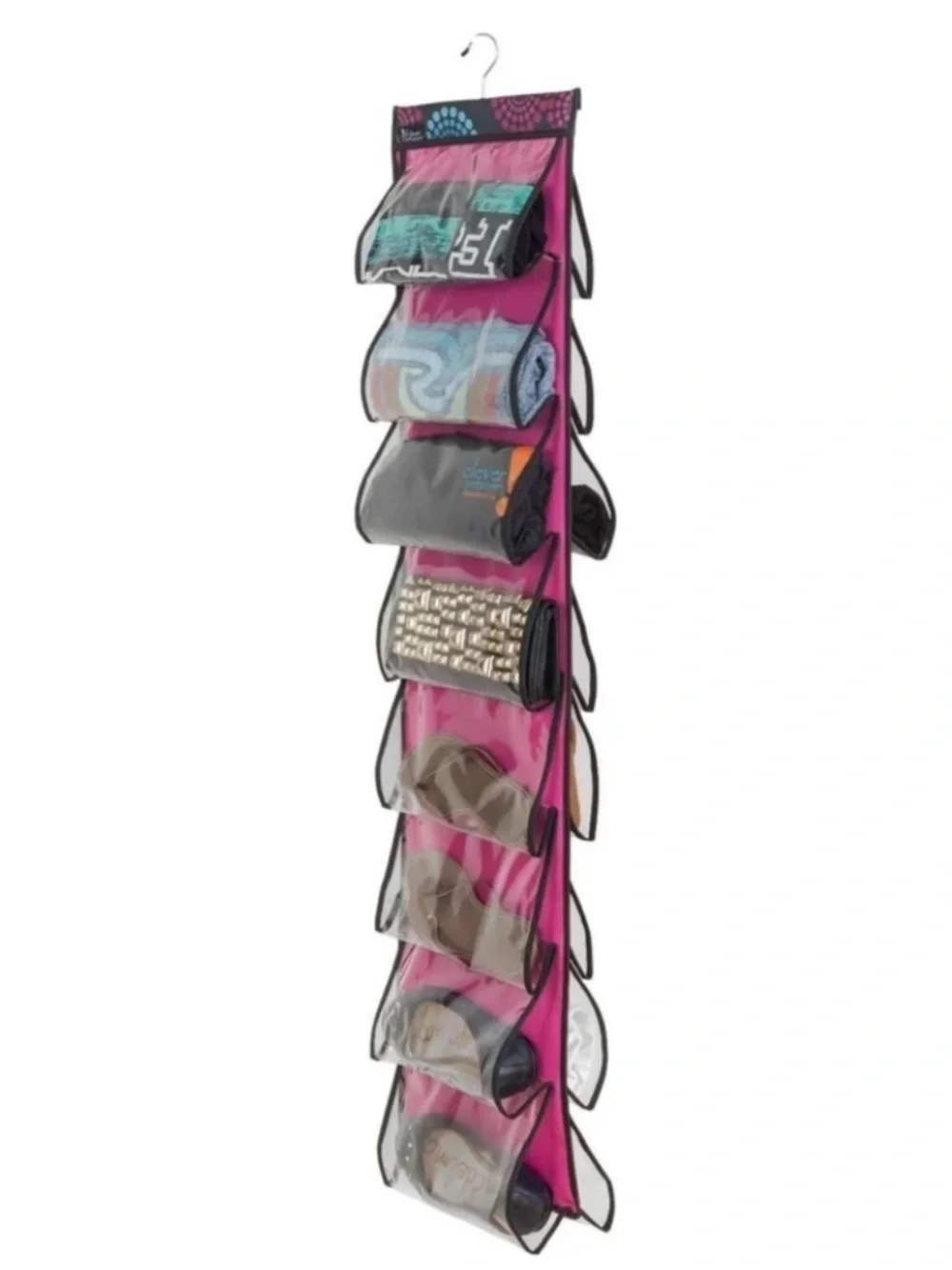 2 Pcs Fuchsia 16 Clear Pockets Hanging Shoes Bags Closet Storage Organizer Cubby
